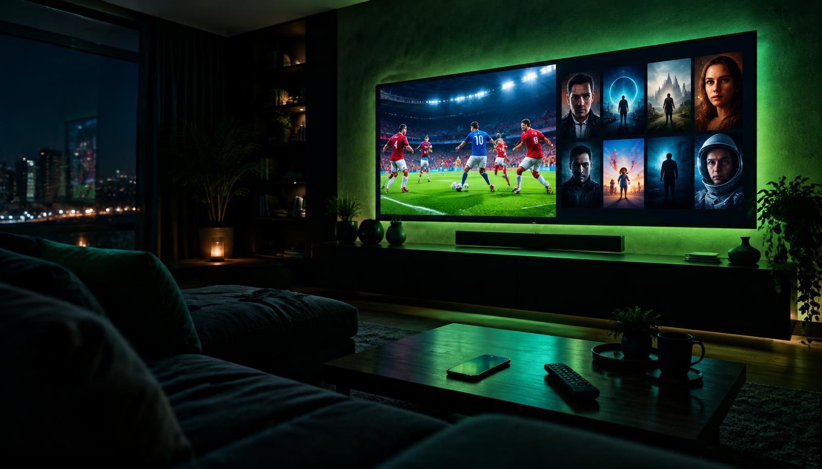 Sala com TV mostrando futebol e filmes